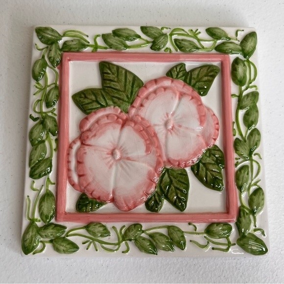 Vintage Treasure Craft Pink Green Floral Trivet Decor Wall Art Ceramic Tile - Picture 14 of 14